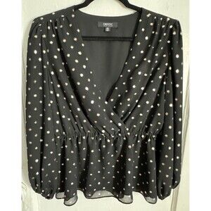 Isaac Mizrahi Black & Gold Polka Dot Blouse Top Shirt Petite Small GLAM EIGHTIES